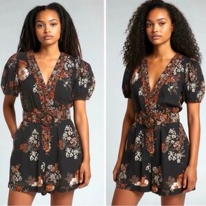 Caroline Constas Linen Floral Print V-Neck Embellished Belt Pockets Romper 8 NEW